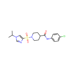 CC(C)n1cnc(S(=O)(=O)N2CCC(C(=O)Nc3ccc(Cl)cc3)CC2)c1 ZINC000064957588