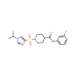 CC(C)n1cnc(S(=O)(=O)N2CCC(C(=O)Nc3cccc(Cl)c3)CC2)c1 ZINC000064957585