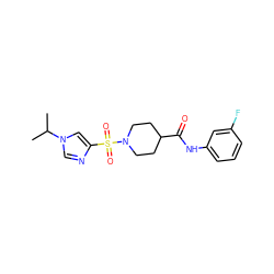 CC(C)n1cnc(S(=O)(=O)N2CCC(C(=O)Nc3cccc(F)c3)CC2)c1 ZINC000064957617