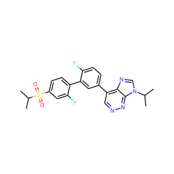 CC(C)n1cnc2c(-c3ccc(F)c(-c4ccc(S(=O)(=O)C(C)C)cc4F)c3)cnnc21 ZINC000150117633