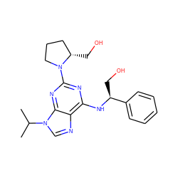 CC(C)n1cnc2c(N[C@@H](CO)c3ccccc3)nc(N3CCC[C@@H]3CO)nc21 ZINC000013834648