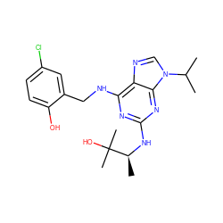 CC(C)n1cnc2c(NCc3cc(Cl)ccc3O)nc(N[C@@H](C)C(C)(C)O)nc21 ZINC000095604701