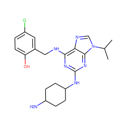 CC(C)n1cnc2c(NCc3cc(Cl)ccc3O)nc(NC3CCC(N)CC3)nc21 ZINC000095602807