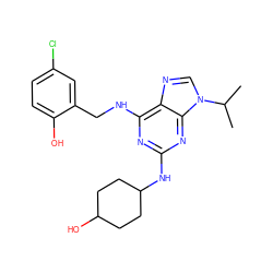 CC(C)n1cnc2c(NCc3cc(Cl)ccc3O)nc(NC3CCC(O)CC3)nc21 ZINC000095603478