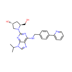 CC(C)n1cnc2c(NCc3ccc(-c4ccccn4)cc3)nc(N3C[C@H](O)C[C@H]3CO)nc21 ZINC000084739063