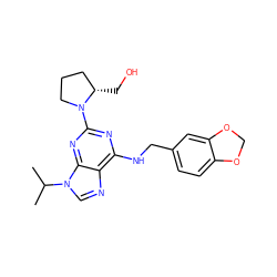 CC(C)n1cnc2c(NCc3ccc4c(c3)OCO4)nc(N3CCC[C@@H]3CO)nc21 ZINC000013834646