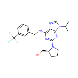 CC(C)n1cnc2c(NCc3cccc(C(F)(F)F)c3)nc(N3CCC[C@H]3CO)nc21 ZINC000027332434