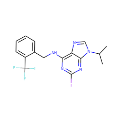 CC(C)n1cnc2c(NCc3ccccc3C(F)(F)F)nc(I)nc21 ZINC000013834622