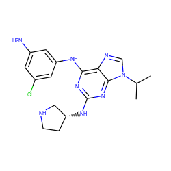 CC(C)n1cnc2c(Nc3cc(N)cc(Cl)c3)nc(N[C@@H]3CCNC3)nc21 ZINC001772636866