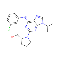 CC(C)n1cnc2c(Nc3cccc(Cl)c3)nc(N3CCC[C@@H]3CO)nc21 ZINC000013834634