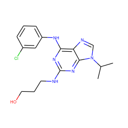 CC(C)n1cnc2c(Nc3cccc(Cl)c3)nc(NCCCO)nc21 ZINC000013682628