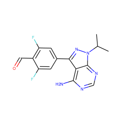 CC(C)n1nc(-c2cc(F)c(C=O)c(F)c2)c2c(N)ncnc21 ZINC000064503750