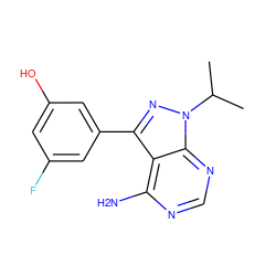 CC(C)n1nc(-c2cc(O)cc(F)c2)c2c(N)ncnc21 ZINC000008581900