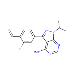 CC(C)n1nc(-c2ccc(C=O)c(F)c2)c2c(N)ncnc21 ZINC000064503644