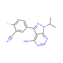 CC(C)n1nc(-c2ccc(F)c(C#N)c2)c2c(N)ncnc21 ZINC000064503907