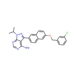 CC(C)n1nc(-c2ccc3cc(OCc4cccc(Cl)c4)ccc3c2)c2c(N)ncnc21 ZINC000084687725