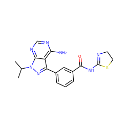 CC(C)n1nc(-c2cccc(C(=O)NC3=NCCS3)c2)c2c(N)ncnc21 ZINC000064521265