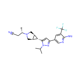 CC(C)n1nc(-c2cnc(N)c(C(F)(F)F)c2)cc1[C@@H]1[C@H]2CN([C@@H](C)CC#N)C[C@H]21 ZINC000148080141