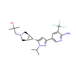 CC(C)n1nc(-c2cnc(N)c(C(F)(F)F)c2)cc1[C@@H]1[C@H]2CN(CC(C)(C)O)C[C@H]21 ZINC000148079482