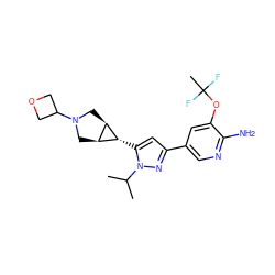 CC(C)n1nc(-c2cnc(N)c(OC(C)(F)F)c2)cc1[C@@H]1[C@H]2CN(C3COC3)C[C@H]21 ZINC000148070204