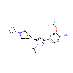 CC(C)n1nc(-c2cnc(N)c(OC(F)F)c2)cc1[C@@H]1[C@H]2CN(C3COC3)C[C@H]21 ZINC000148078519