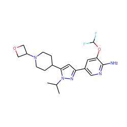 CC(C)n1nc(-c2cnc(N)c(OC(F)F)c2)cc1C1CCN(C2COC2)CC1 ZINC000146436626