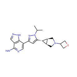 CC(C)n1nc(-c2cnc(N)c3cn[nH]c23)cc1[C@@H]1[C@H]2CN(C3COC3)C[C@H]21 ZINC000148076927