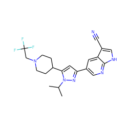 CC(C)n1nc(-c2cnc3[nH]cc(C#N)c3c2)cc1C1CCN(CC(F)(F)F)CC1 ZINC000146501142