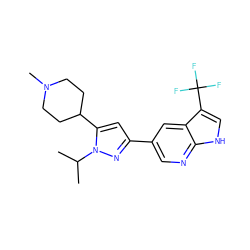 CC(C)n1nc(-c2cnc3[nH]cc(C(F)(F)F)c3c2)cc1C1CCN(C)CC1 ZINC000146505916