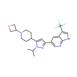 CC(C)n1nc(-c2cnc3[nH]cc(C(F)(F)F)c3c2)cc1C1CCN(C2COC2)CC1 ZINC000146426324