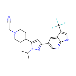 CC(C)n1nc(-c2cnc3[nH]cc(C(F)(F)F)c3c2)cc1C1CCN(CC#N)CC1 ZINC000146494976