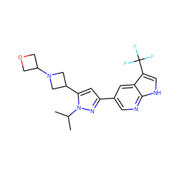 CC(C)n1nc(-c2cnc3[nH]cc(C(F)(F)F)c3c2)cc1C1CN(C2COC2)C1 ZINC000146478319