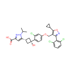 CC(C)n1nc(C(=O)O)cc1[C@H]1C[C@](O)(c2ccc(OCc3c(-c4c(Cl)cccc4Cl)noc3C3CC3)cc2Cl)C1 ZINC000142730865