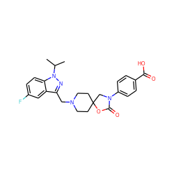 CC(C)n1nc(CN2CCC3(CC2)CN(c2ccc(C(=O)O)cc2)C(=O)O3)c2cc(F)ccc21 ZINC000144594898