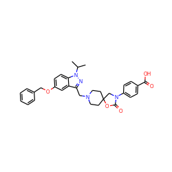 CC(C)n1nc(CN2CCC3(CC2)CN(c2ccc(C(=O)O)cc2)C(=O)O3)c2cc(OCc3ccccc3)ccc21 ZINC000144550803