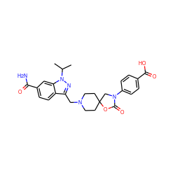 CC(C)n1nc(CN2CCC3(CC2)CN(c2ccc(C(=O)O)cc2)C(=O)O3)c2ccc(C(N)=O)cc21 ZINC000149744212