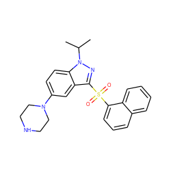 CC(C)n1nc(S(=O)(=O)c2cccc3ccccc23)c2cc(N3CCNCC3)ccc21 ZINC000064447293