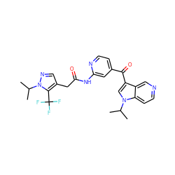 CC(C)n1ncc(CC(=O)Nc2cc(C(=O)c3cn(C(C)C)c4ccncc34)ccn2)c1C(F)(F)F ZINC001772628772