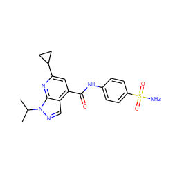 CC(C)n1ncc2c(C(=O)Nc3ccc(S(N)(=O)=O)cc3)cc(C3CC3)nc21 ZINC000008133165