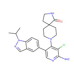 CC(C)n1ncc2cc(-c3cnc(N)c(Cl)c3N3CCC4(CCNC4=O)CC3)ccc21 ZINC000653851641