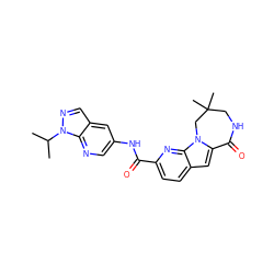 CC(C)n1ncc2cc(NC(=O)c3ccc4cc5n(c4n3)CC(C)(C)CNC5=O)cnc21 ZINC000147262136