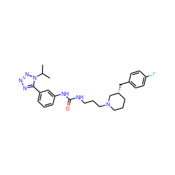 CC(C)n1nnnc1-c1cccc(NC(=O)NCCCN2CCC[C@@H](Cc3ccc(F)cc3)C2)c1 ZINC000029399531