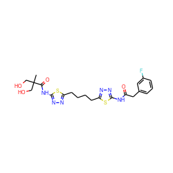 CC(CO)(CO)C(=O)Nc1nnc(CCCCc2nnc(NC(=O)Cc3cccc(F)c3)s2)s1 ZINC000149457855