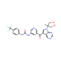 CC(CO)(CO)n1cc(C(=O)c2cncc(NC(=O)Cc3ccc(C(F)(F)F)cc3)c2)c2cncnc21 ZINC000169707796