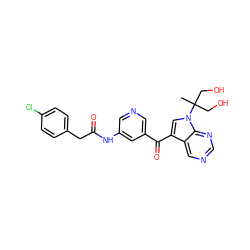 CC(CO)(CO)n1cc(C(=O)c2cncc(NC(=O)Cc3ccc(Cl)cc3)c2)c2cncnc21 ZINC000169707795