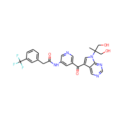 CC(CO)(CO)n1cc(C(=O)c2cncc(NC(=O)Cc3cccc(C(F)(F)F)c3)c2)c2cncnc21 ZINC000169707798