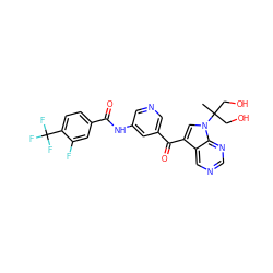 CC(CO)(CO)n1cc(C(=O)c2cncc(NC(=O)c3ccc(C(F)(F)F)c(F)c3)c2)c2cncnc21 ZINC000169707822