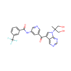 CC(CO)(CO)n1cc(C(=O)c2cncc(NC(=O)c3cccc(C(F)(F)F)c3)c2)c2cncnc21 ZINC000169707821