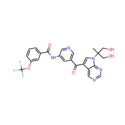 CC(CO)(CO)n1cc(C(=O)c2cncc(NC(=O)c3cccc(OC(F)(F)F)c3)c2)c2cncnc21 ZINC000169686157