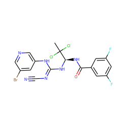 CC(Cl)(Cl)[C@@H](NC(=O)c1cc(F)cc(F)c1)N/C(=N/C#N)Nc1cncc(Br)c1 ZINC000028866542